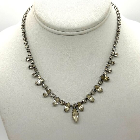 Weiss Jewelry - Vintage Weiss Rhinestone Necklace Clear Marquise & Round Stones Wedding Formal